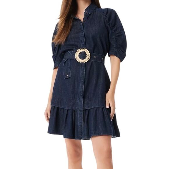 Sam Edelman Women’s Ferry Cotton Denim Belted Tiered Mini Dress Blue Size XL